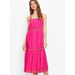 NWT Ann Taylor LOFT Dress Midi Embroidered Linen Square Neckline Barbiecore